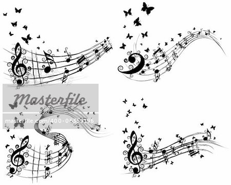 Set of musical background with butterfly. Vector illustration.