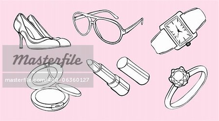 Drawing of shoes, glasses, watch, powder, lipstick and ring