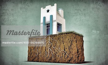 small house with big roots on soil section in old grunge photo