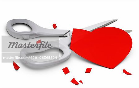 red heart cutted in small parts and grey scissors over white background, symbol of boredom in relationship