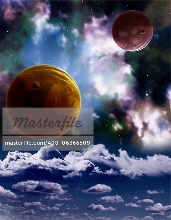 A beautiful space scene with planets and nebula