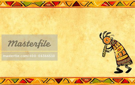 Dancing musician. Grunge background with African traditional patterns
