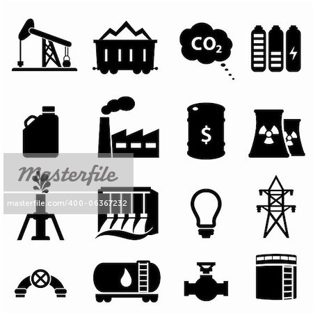 Oil and energy icon set in black