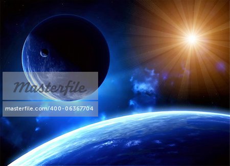 Space flare. A beautiful space scene with planets and sun