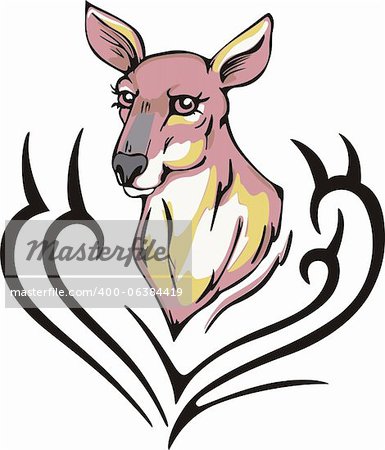 Tattoo with kangaroo head. Color vector illustration.