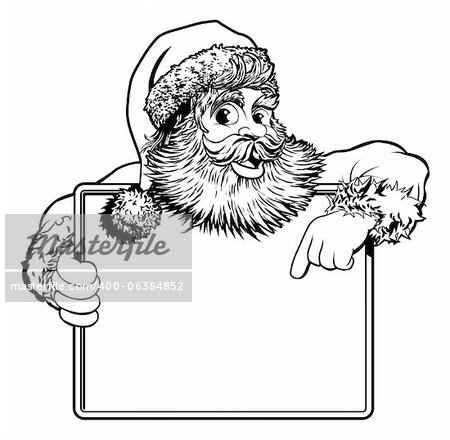 Black and white Christmas illustration of Santa holding and pointing at a sign