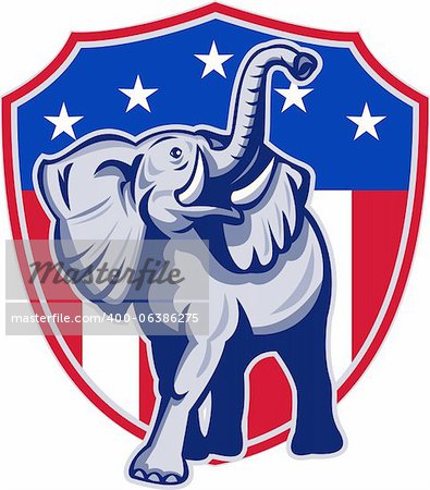 Illustration of a republican elephant mascot with American USA stars and stripes flag shield done in retro style.