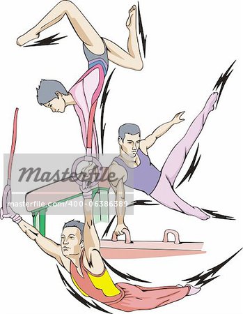 Artistic gymnastics: Balance beam, Pommel horse, Rings. Set of color vector illustrations.