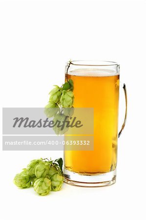 Glass with beer and hop cones on a white background.