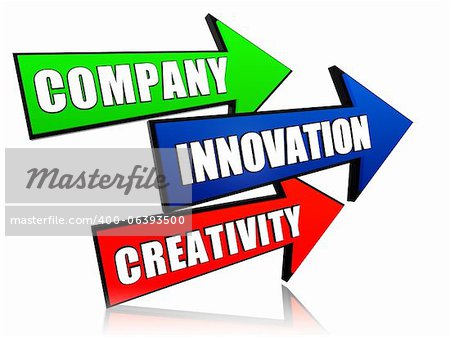 company, innovation and creativity in 3d colorful arrows with text