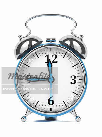 Blue Old Style Alarm Clock. Isolated on White.