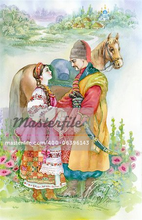 beautiful young girl and a guy in Ukrainian traditional costume  watercolor