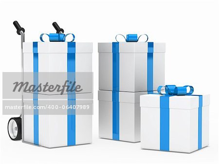 christmas gift box blue ribbon hand truck