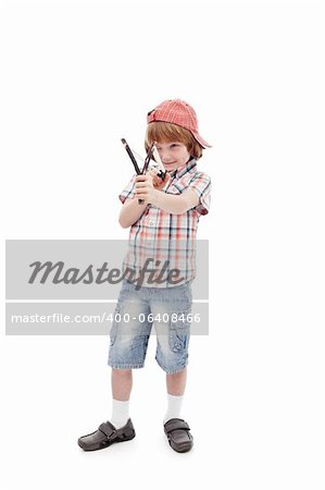 Young boy with sling aiming - full body, isolated