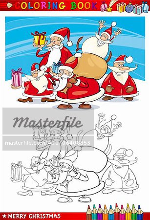 Coloring Book or Page Cartoon Illustration of Santa Clauses Christmas Themes for Children