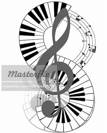 Musical notes staff with piano keyboard. Vector illustration.