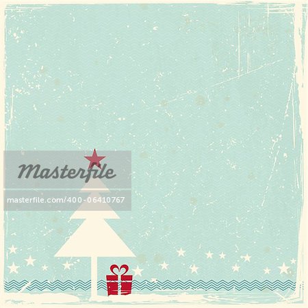 Illustration of a red Christmas tree with star topper on pale blue grunge background. Space for your copy.