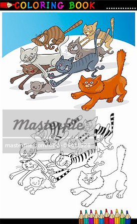 Coloring Book or Page Cartoon Illustration of Funny Running Cats for Children