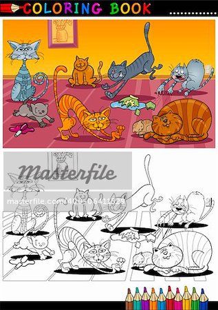 Coloring Book or Page Cartoon Illustration of Funny Naughty Cats in the House for Children