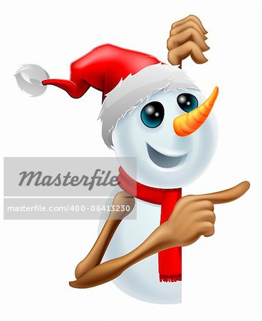 Happy cartoon snowman in a red Santa hat and scarf pointing