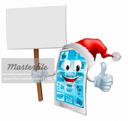 A Christmas mobile phone mascot character wearing a Santa hat and holding a sign while giving a thumbs up