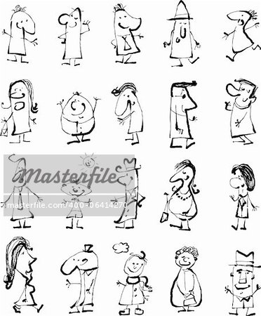 Cartoon Background Illustration of Happy Black and White Doodle People Sketch Set