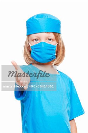 boy with long blond hair playing a doctor stretching out his hand