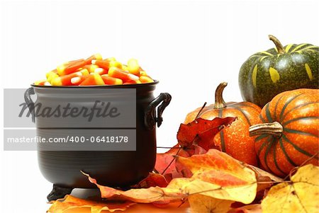 A cauldron of candy corn next to pumkins and leaves.