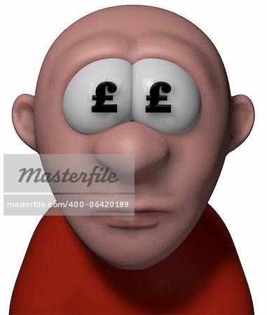 cartoon guy with pound sterling symbols in his eyes - 3d illustration