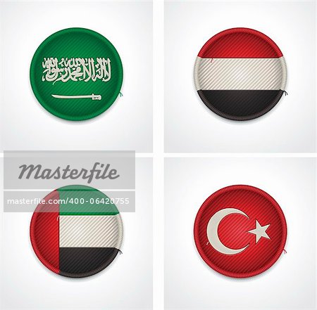 Set of detailed textile badges representing country flags of Asia