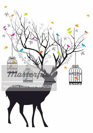 Deer with colorful birds and birdcages, vector background illustration