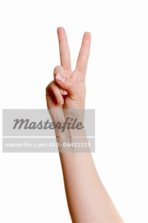 Woman's hand with two fingers up isolated on white background