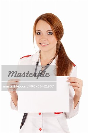 Female doctor holding blank card. Isolated over white background