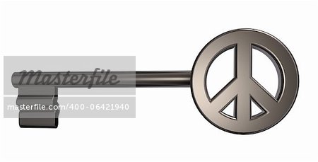 key with peace symbol on white background - 3d illustration