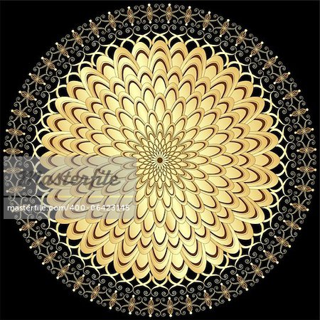 Decorative gold flower with vintage round patterns on black(vector)