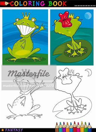 Coloring Book or Page Cartoon Illustration of Frog Prince Fairytale Characters