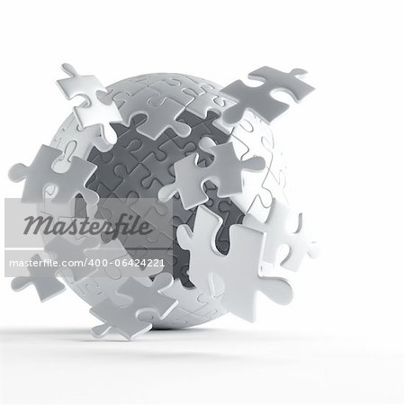 exploding ball of gray puzzle pieces on white background
