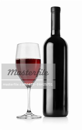 Bottle of red wine and wineglass isolated on a white background.