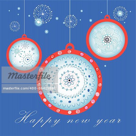 graphic decorative balls on a blue background with snow