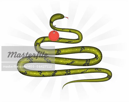 Green snake like Christmas tree and red label like Christmas bauble. Vector illustration