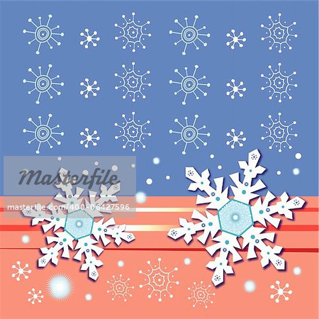 Bright Christmas card with snowflakes on a blue and red background