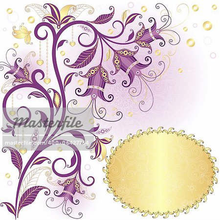 Vintage floral background with olav gold frame (vector)