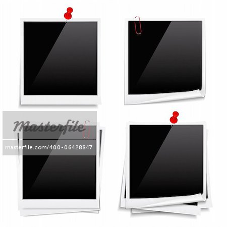 Blank instant photos with push pins and clips, vector eps10 illustration