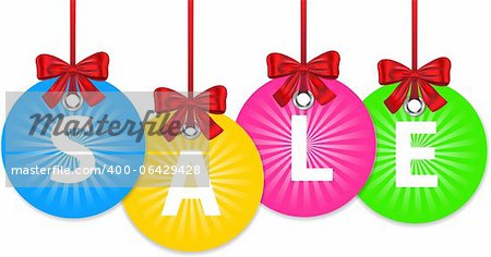 Colorful shiny Christmas balls tied with red bow and with the word sale. New year shopping labels. Vector
