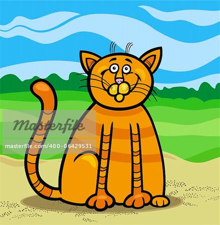 Cartoon Illustration of Happy Red Tabby Cat against Blue Sky and Fields