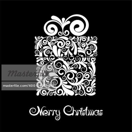 Christmas card - gift box with scroll ornament. Black and white vector Illustration