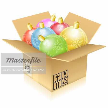 Christmas Colorful Baubles in Cardboard Box, icon isolated on white, vector illustration
