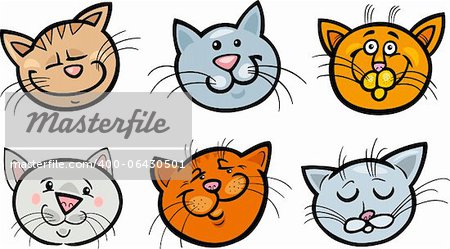 Cartoon Illustration of Different Happy Cats ot Kittens Heads Collection Set