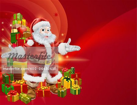 Red Santa and a stack of presents background with lots of copyspace for you text on the right.