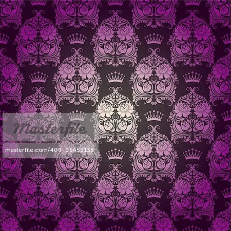 Damask seamless floral pattern. Royal wallpaper. Flowers, crowns on a gray background. EPS 10
